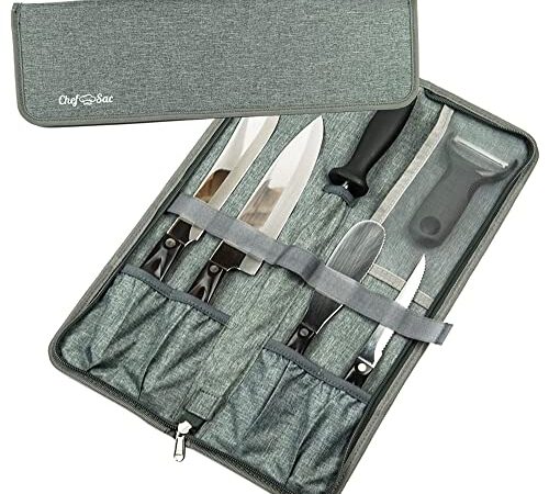 Chef Knife Bag Travel Folder Knife Case | 4 Pockets for Knives & Kitchen Tools | Special Slot for Honing Rod | Camp Chef Accessories | Durable Knife Holder for Chefs & Culinary Students (Heather Grey)