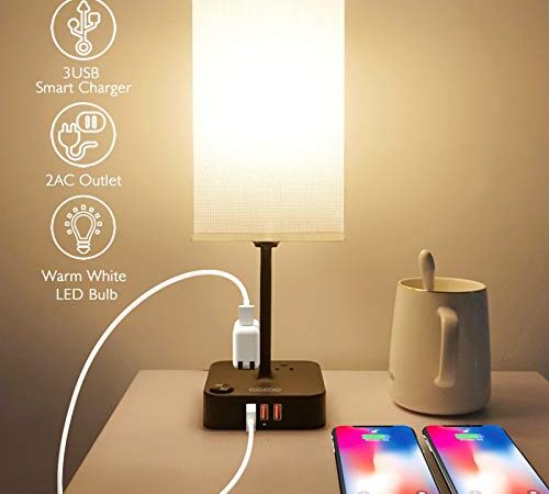 COZOO Bedside Table Desk Lamp with 3 USB Charging Ports and 2 Outlets Power Strip,Charger Base with White Fabric Shade, LED Light for Bedroom/Nightstand/End Table/Living Room