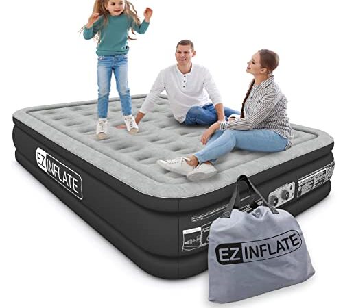 EZ Inflate Air Mattress with Built in Pump Queen Size Double-High Inflatable Mattress with Flocked Top Easy Inflate, Waterproof, Portable Blow Up Bed for Camping & Travel