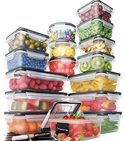 Food Storage Containers Set - Airtight Plastic Containers with Easy Snap Lids (16 Pack) - Leak Proof Kitchen & Pantry Organization - BPA-Free - 16 Chalkboard Labels & Marker - Chef's Path