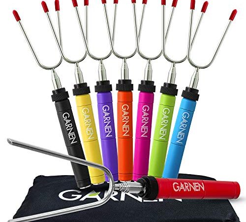 Garnen BBQ Marshmallow Roasting Smores Sticks with Pouch (8 Packs) FDA Certified, 34 inch Extendable Rotating Stainless Steel Skewer Fork with Plastic Handle for Kids Camping Grill Campfire Firepit