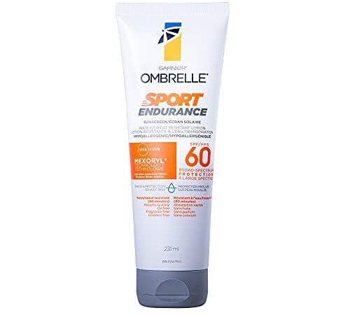 GARNIER Ombrelle Sport Sunscreen Lotion, SPF 50, Sweat + Water Resistant, Fast Drying, Hypoallergenic, Fragrance Free, 231mL, Ombrelle Sport Endurance Water Resistant Sunscreen SPF 50, 231 mL