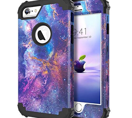 iPhone 6S Case,iPhone 6 Case,DUEDUE 3 in 1 Heavy Duty Rugged Shockproof Drop Protection Hybrid Hard PC Covers Galaxy Nebula Design PU Leather Soft Silicone Bumper Full Protective Case for iPhone 6S/ iPhone 6 for Women Men,Purple/Black