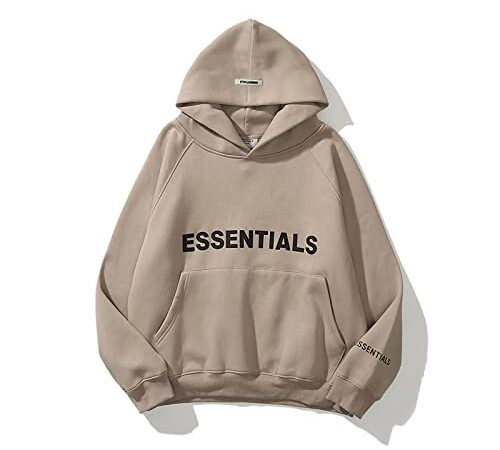 JJAI Fear of God Essential Hoodie Long Sleeve Hip Hop Unisex Novelty Pullover Hoodie Letter Hooded Sweatshirt (Khaki, Medium)