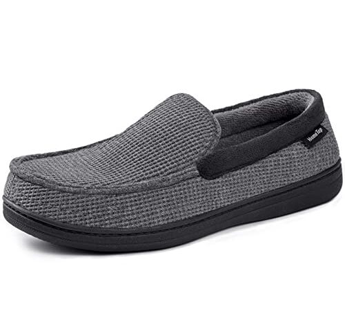 Men's Comfort Memory Foam Moccasin Slippers Breathable Cotton Knit Terry Cloth House Shoes (10 D(M) US, Dark Gray)