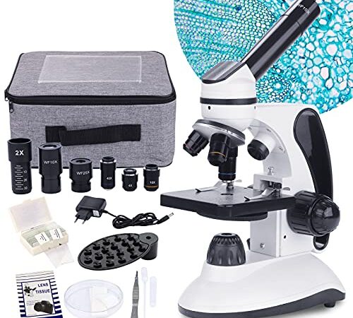 Monocular Microscope for Adults Students,40X-2000X Magnification,Dual LED Illumination Beginners Microscope with Science Kits,Phone Adapter,Carrying Case,AC Adapter,15 Slides for Lab Class Study