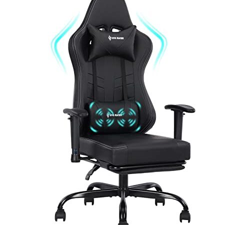 VON Racer Gaming Chair Racing Computer Desk Office Chair Swivel Ergonomic Executive Bonded Leather Chair with Headrest Footrest and Adjustable Armrests,Black