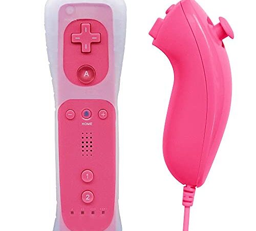 Wii Remote Controller, Remote Controller and Nunchuk Controller with Silicon Case and Wrist Strap Compatible with Nintendo Wii and Wii U (Pink)