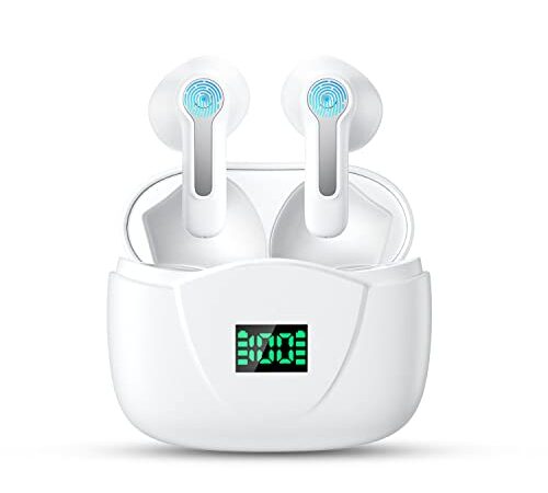 Wireless Earbuds, Bluetooth 5.2 Headphones Stereo Bass, Bluetooth Earbuds in Ear Noise Canceling Mic, Earphones IPX7 Waterproof Sports, LED Display Charging Case Ear Buds for Android iOS (White)