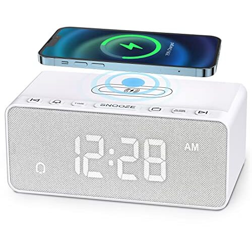 Digital Alarm Clock FM Radio- Fast Wireless Charging Station | 0-100% Dimmable LED Display | USB Charger | Adjustable Volume | 5 Wake up Sounds| Easy to Set for Bedrooms