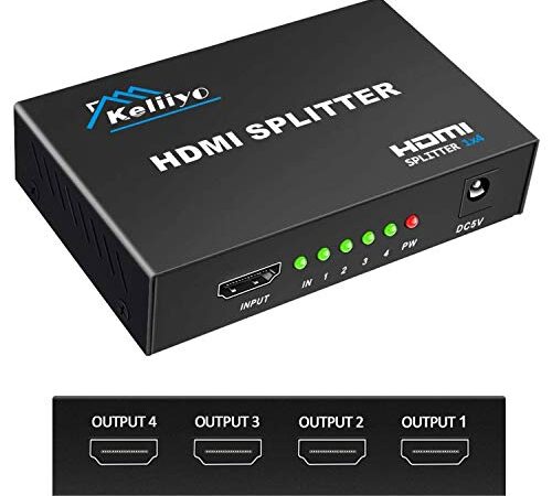 KELIIYO HDMI Splitter 1X4 - V1.4b HDMI Splitter 1 In 4 Out Powered by AC Adapter,Supports 3D Full HD1080P 2Kx4K@30Hz Compatible with Xbox PS3 PS4 Fire Stick Roku Blu-Ray Player HDTV (1 Input to 4 Outputs)