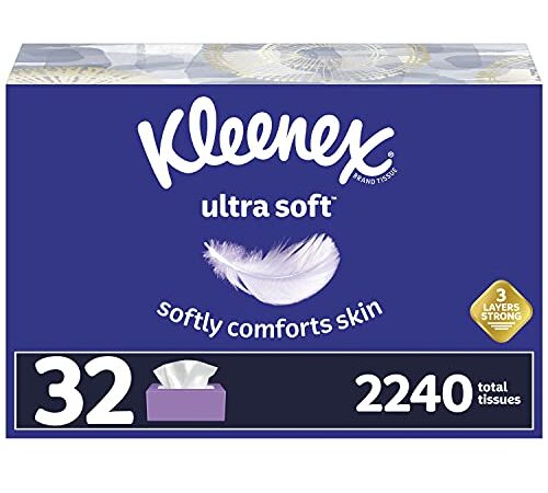 Kleenex Ultra Soft Facial Tissues, Hypoallergenic, 32 Rectangular Boxes, 70 Tissues per Box, 3-Ply (2,240 Tissues Total)