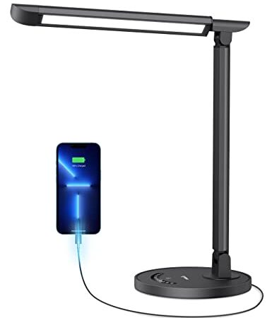 LED Desk Lamp, sympa Dimmable Table Lamp with 7 Brightness Levels, 5 Color Temperatures, USB Charging Port, Touch Control, Memory Function, Desk Light for Home Office (Black)