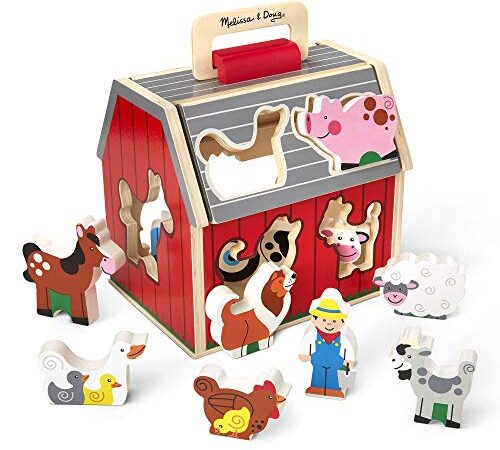 Melissa & Doug Wooden Take-Along Sorting Barn Toy with Flip-Up Roof and Handle 10 Wooden Farm Play Pieces