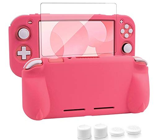 Switch Lite Case Coral,Silicone Switch Lite Protective Case and Screen Protector+2 Pair of Joystick Caps for Nintendo Switch Lite Accessories Kit-Coral