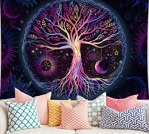 Tree of Life Tapestry Black Tree Tapastry's Wall Hanging Spiritual Psychedelic Tapestries for Bedroom Aesthetic Living Room Decor (H60 x W82 inches, Multicolor)