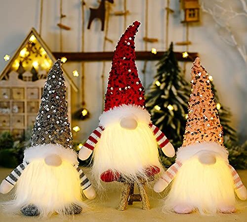 WDDH 3Pcs Sequin Christmas Gnomes Plush with Light, 11.8inch Handmade Swedish Santa Gnomes Plush with Sequin Hat, Christmas Elf Decoration Ornaments, for Thanksgiving Gift Xmas Table Decor