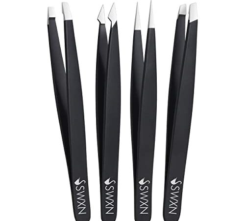 4 Pcs Eyebrow Tweezers Set for Professional Treatment-Stainless Steel Tweezers Set- Eyebrow Tweezer Set with Point Slant & Flat Tip-Perfect for Facial Hair, Ingrown Hair,Blackhead and Tick Remover