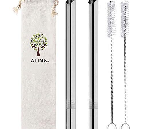 ALINK Reusable Boba Straws, 1/2" Wide Stainless Steel Metal Smoothie Straws for Bubble Tea/Tapioca Pearl, 2 Straws + 2 Cleaning Brush + 1 Case-Silver