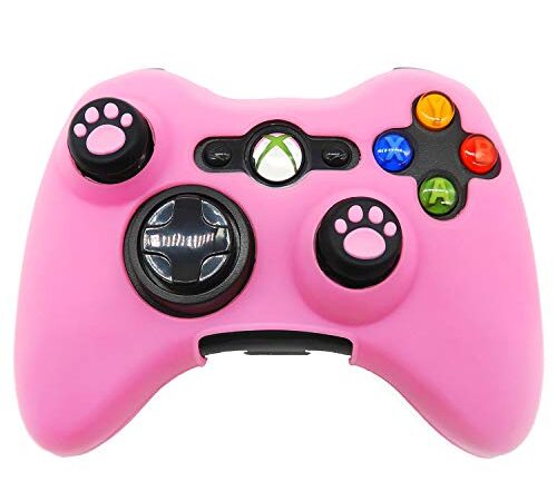 BRHE Silicone Skin Anti-Slip Soft Comfort Protector Cover Case Compatible with Xbox 360 Controller with 2 Cat Paw Thumb Grips - Pink