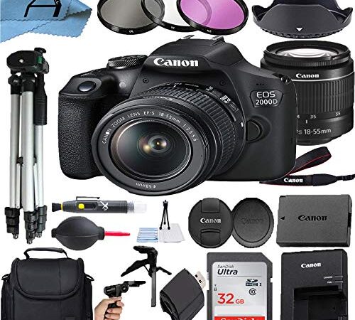 Canon EOS 2000D / Rebel T7 Digital DSLR Camera with 18-55mm Zoom Lens, SanDisk 32GB Memory Card, Case, Tripod, 3 Pack Filters and A-Cell Accessory Bundle (Black)