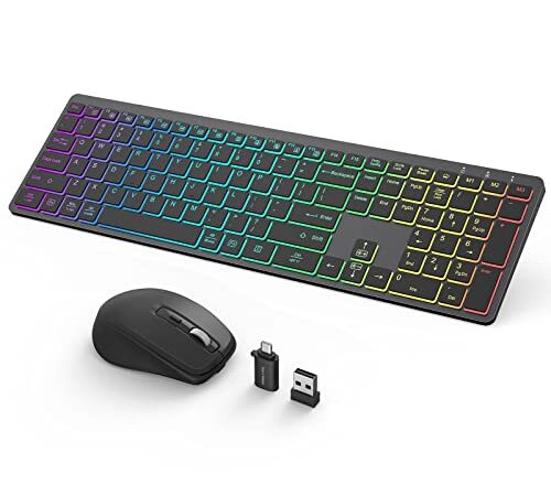 CHESONA RGB Backlit Wireless Keyboard and Mouse, Rainbow Backlight Keyboard with 3 Modes, Jiggler DPI Mouse, Type-C Rechargeable, 2.4G USB Cordless Keyboard and Mouse for Mac, Windows, Laptop, PC