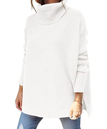 Famulily Women Turtleneck Batwing Sleeve High Low Hem Side Slit Knit Casual Loose Oversized Solid Slouchy Sweaters White S