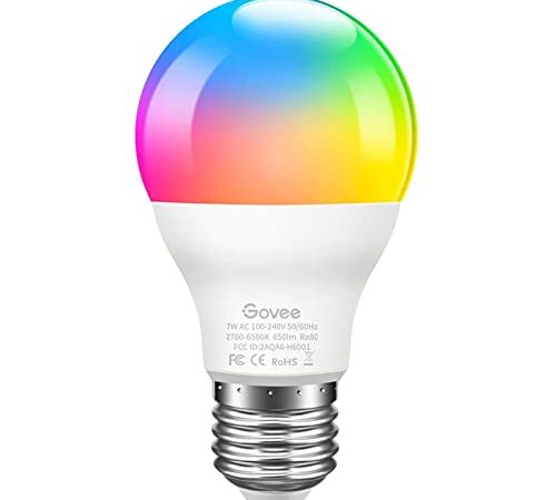 Govee LED Light Bulb with APP Control, Bluetooth RGB Bulbs A19 7W 60W Equivalent, Music Sync, Dimmable Color Changing Light Bulb for Christmas Decor, Timer for Sunrise & Sunset Mode, Easy to Install