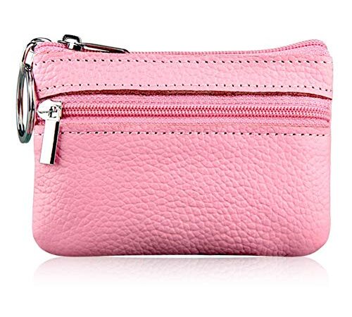 Nathalie Genuine Leather Coin Pouch Mini Purse Card Wallet with Key Ring and Zipper (Pink 2), Small