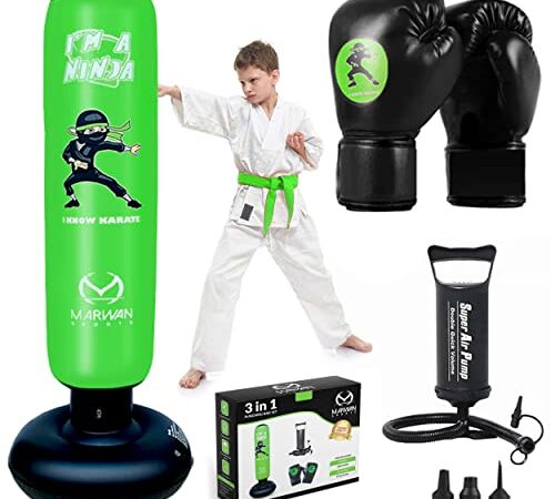 Punching Bag for Kids/3 in 1,Kids 63 Inch Freestanding Ninja Boxing Bag Set incl Double Volume Air Pump & Boxing Gloves/3-10 Year Old Kids Punching Bag with Stand/Inflatable Karate Kids Toys for Boys