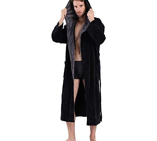 SeaKanana Mens Large Hooded Long Black Bathrobe with Chest Button,Big Tall Fleece Housecoat Extra Lightweight and Warm - Large