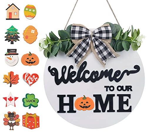 SWITTE Interchangeable Seasonal Welcome Sign Home Decor, Rustic Round Wood Wreaths Wall Hanging Outdoor, Farmhouse, Porch, for Spring Summer Fall All Seasons Holiday Halloween Christmas Decoration