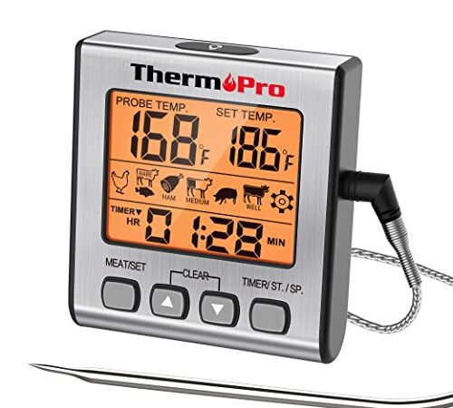 ThermoPro TP16S Digital Meat Thermometer for Cooking and Grilling, BBQ Food Thermometer with Backlight and Kitchen Timer, Grill Temperature Probe Thermometer for Smoker, Barbecue, Oven, Cookware