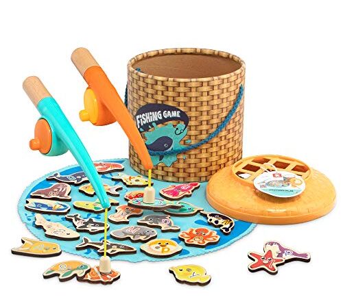 TOP BRIGHT Magnetic Fishing Game with 2 Fishing Rods, Toddler Magnetic Fishing Toy with 26 Wooden Ocean Animals, Educational Toys for Boys Girls 2 Years Old Up