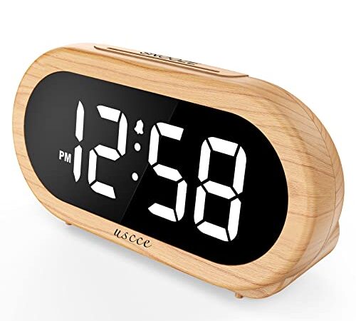 USCCE Small Digital Alarm Clock with USB Port for Charging, 0-100% Dimmer, Easy to Set, Alarm Volume with 5 Alarm Sounds, 12/24Hr, Snooze, Battery Backup, Compact Alarm Clock for Bedroom(Wood Grain)