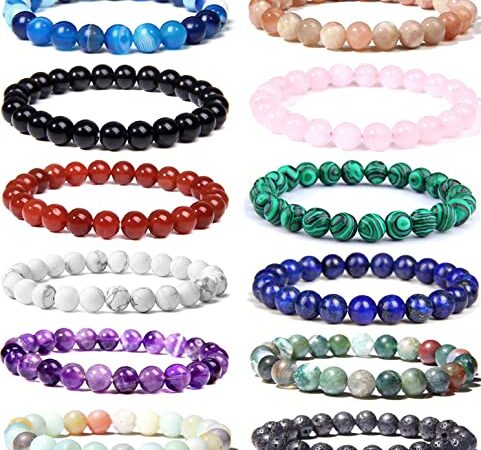 WAINIS 12PCS 8mm Semi-precious Beaded Bracelets for Men Women Healing Stretch Round Bead Crystal Gemstones Bracelets Unisex, Gemstone, Onyx