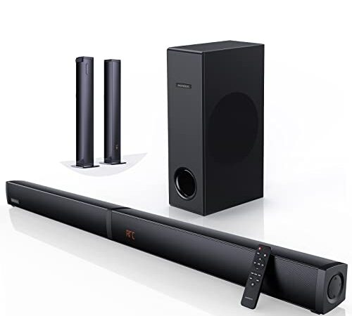 180W Sound Bar MEREDO 2 in 1 Detachable Soundbar for TV 2.1CH Soundbar with Subwoofer, HDMI ARC/Optical/Bluetooth 5.0/AUX Connection 5 EQ Modes 12L Deep Bass for Home Theater-37 Inch/No Optical Cable