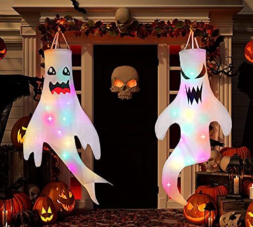 2Pcs 47" Halloween Ghost Windsocks Decorations with LED Light Outdoor Halloween Decorations Hanging Ghost Windsocks Décor for Halloween