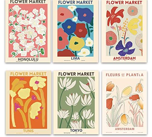 6 Pcs Flower Market Poster Wall Art Prints, Aesthetic Flower Herb Print Posters, Botanical Room Decor Fashion Home Wall Decor Unframed 11.8’’×8.2’’