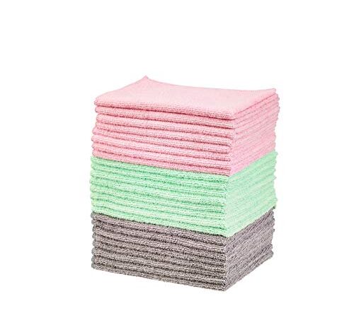 Amazon Basics Microfiber Cleaning Cloths, Non-Abrasive, Reusable and Washable - Pack of 24, 12 x16-Inch, Pink, Green and Gray