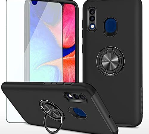 Asuwish Compatible with Samsung Galaxy A20 A30 Case and Tempered Glass Screen Protector Cover Ring Holder Stand Cell Accessories Phone Cases for Glaxay M10s A 20 30 Gaxaly 20A SM A205G Women Men Black