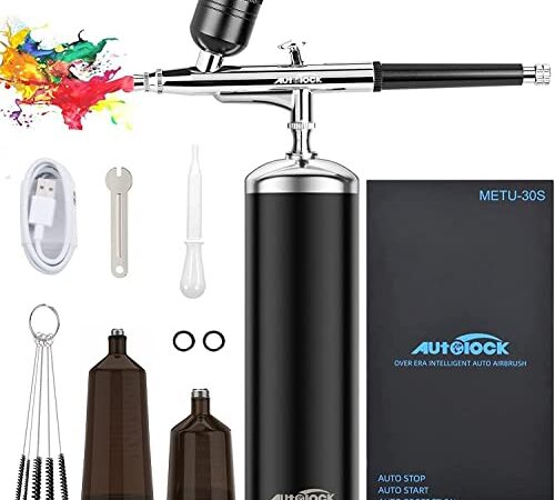 Autolock Upgraded Airbrush Kit with Air Compressor, Portable Cordless Auto Airbrush Gun Kit, Rechargeable Handheld Airbrush Set for Makeup, Cake Decor, Model Coloring, Nail Art, Tattoo