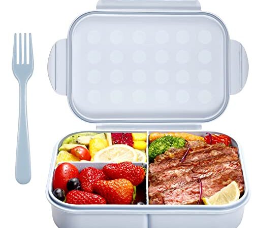 Bento Boxes Adults Lunch Containers for Adults 3 Compartment Bento Lunch Box Leak Proof Food Containers Microwave Safe(Flatware Included,Blue)