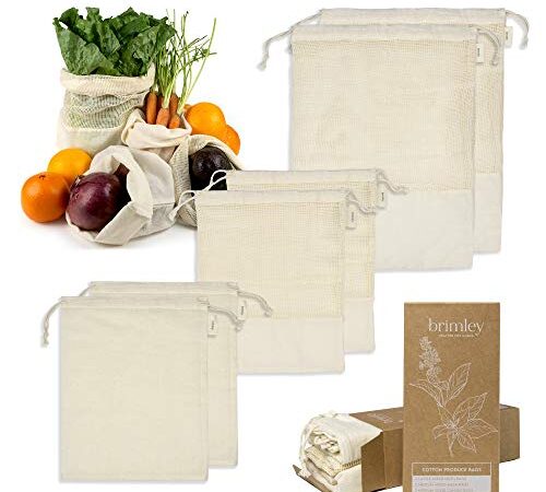 Brimley 6 Pack Reusable Cotton Produce Bags, 4 Medium and 2 Large Washable Produce Bags for Grocery Shopping with Tare Weight Tags