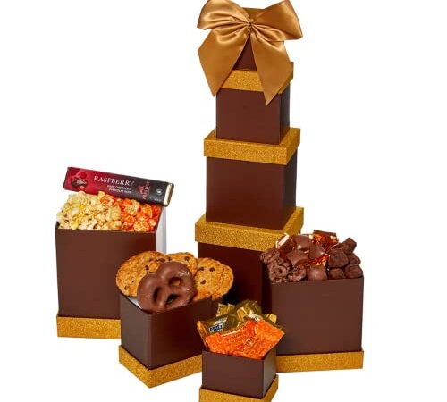 Brown & Gold Gift Basket Tower Featuring Gourmet Fare & More