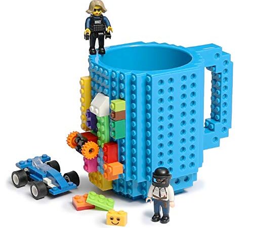 Build-on Brick Coffee Mug, Funny DIY Novelty Cup with Building Blocks Creative Gift for Kids Men Women Xmas Birthday (Blue)