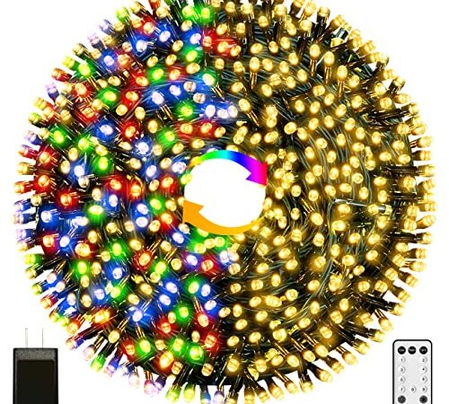 Christmas Lights Outdoor Indoor, 122 FT 320 LED Warm White to Multicolour Plug in LED Xmas Lights 9 Modes Waterproof with Remote Control&Timer for Party Carnival Supplies, Patio Yard Garden Decor