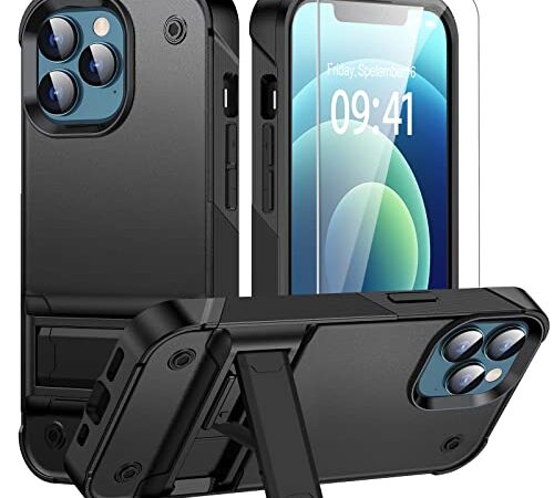 DMDMBATH for iPhone 12 Case with Screen Protector, Military Grade Shockproof Protective iPhone 12 Pro Case with Kickstand Slim Anti-Scratch Phone Case iPhone 12 & iPhone 12 Pro 6.1 inch (Black)