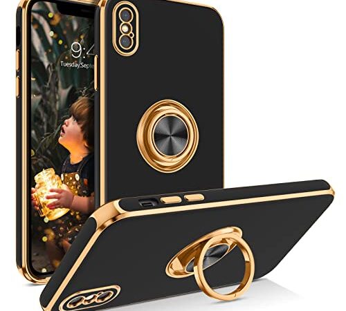 DUEDUE iPhone Xs Max Case, Slim Soft Silicone Cover with Magnetic Car Ring Holder Kickstand Shockproof Protective Women Men Phone Cases for iPhone Xs Max 6.5", Black