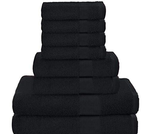 Elvana Home 8 Piece Towel Set 100% Ring Spun Cotton, 2 Bath Towels 27x54, 2 Hand Towels 16x28 and 4 Washcloths 13x13 - Ultra Soft Highly Absorbent Machine Washable Hotel Spa Quality - Black